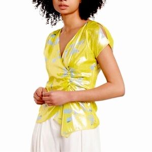 Tanya Taylor Yellow Metallic Silk Printed Bella Blouse Size 2